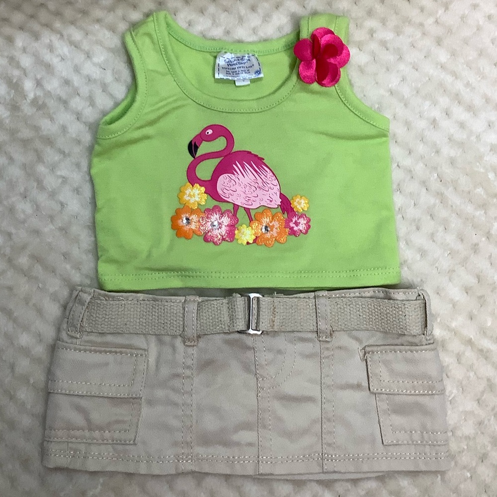 Build-A-Bear Green Flamingo Tank Top and Tan Skirt Set of Two Pieces